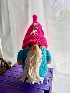 Handmade hot Pink & aqua Blue yarn Gnome Plush figure